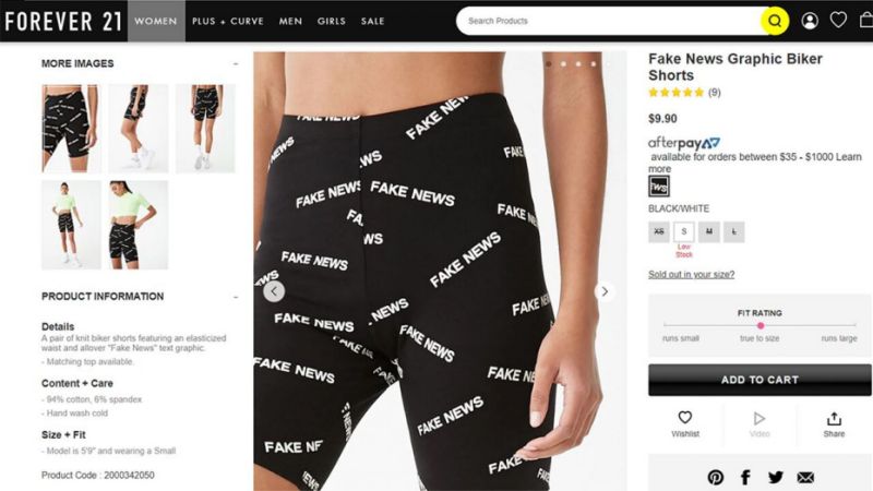 Forever 21's 'Fake News' bike shorts sell out, prompt backlash online